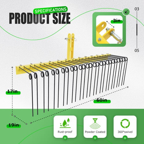 DURAFORCE 60" 3 Point Pine Straw Landscaping Rake For Cat 0 Cat 1 Tractor Rake Attachments