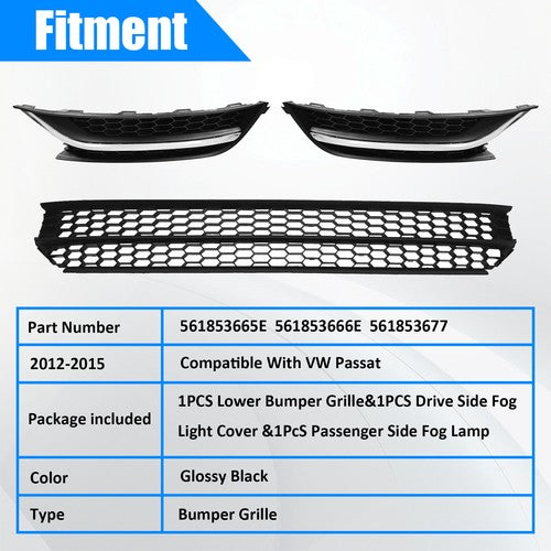 DURAFORCE Front Bumper Lower Grille & Fog Light Bezel Cover LH+RH Fit 2012-2015 VW Passat