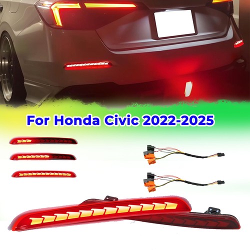 DURAFORCE For Honda Civic Sedan 2022-2025 LED Rear Bumper Reflector Light Fog Lamps Red