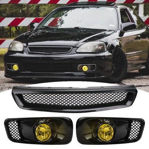 DURAFORCE Front Bumper Halogen Fog Lights Lamp Grill 3PCS for 1999-2000 for Honda Civic