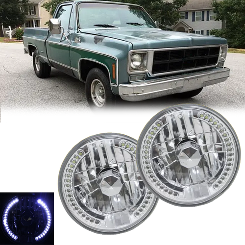 DURAFORCE 7" Round Halo LED Headlights White Clear for 1975-1978 for GMC C15 C25 C35