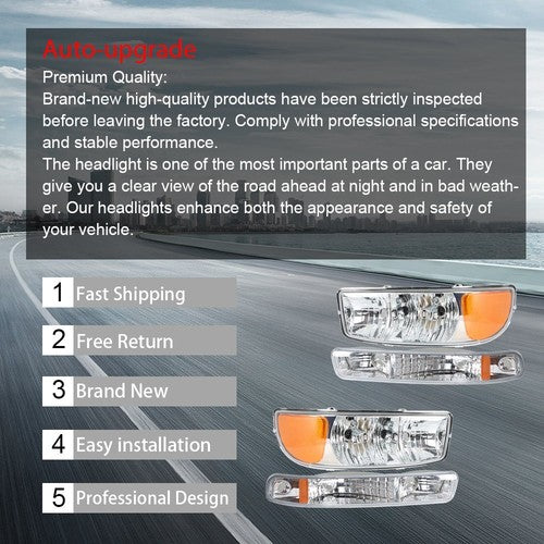 DURAFORCE Fit For GMC Sierra 1500 1999-2007 LH+RH Headlight Replacement Halogen Chrome