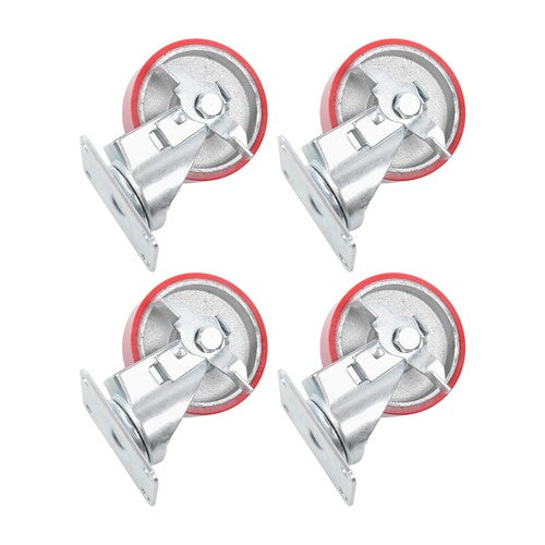 DURAFORCE Four 4-inch red polyurethane galvanized casters with side brakes