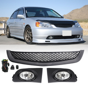 DURAFORCE Fits 2001-2003 Honda Civic Sedan Front Mesh Grille & Clear Lens Fog Lights Lamps
