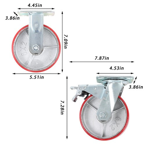 DURAFORCE 6" X 2" Industrial Casters - 2 Fixed and 2 Swivel Caster Wheels with Brakes