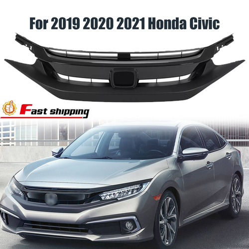 DURAFORCE Fit 2019-21 Honda Civic Sedan Matte Mesh Front Bumper Glossy Black Grille Grill