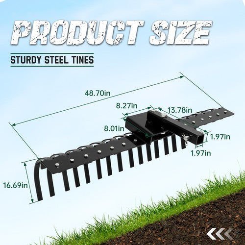 DURAFORCE 48" Landscape Rake Pine Straw Rake Rock Rake Fits 2" Receiver ATV/UTV Tractors