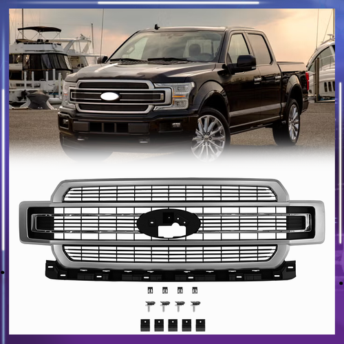 DURAFORCE Ingot Silver Front Bumper Grille Grill for 2018-2020 for Ford F-150 Limited