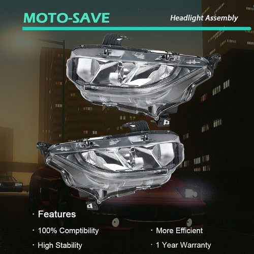 DURAFORCE Headlight Fit For Honda Civic 2016-2020 Headlamps Driver + Passenger Side Pair