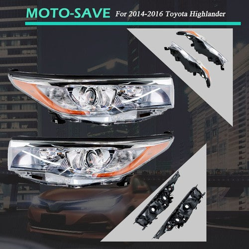DURAFORCE Left+Right Side Clear Front Headlights Headlamps For Toyota Highlander 2014-2016