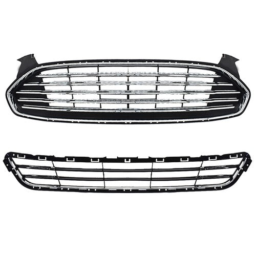 DURAFORCE New For Ford Fusion 2013-2016 2pcs Chrome Grill Front Upper & Lower Grille Kit