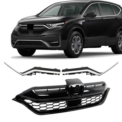 DURAFORCE For Honda CR-V 2020-2022 Plastic Front Bumper Grille w/ 2pcs Chrome Trim Strip