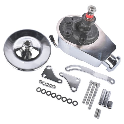 DURAFORCE For Chevy SBC 265 283 Chrome Steel Power Steering Pump With Bracket Kit & Pulley
