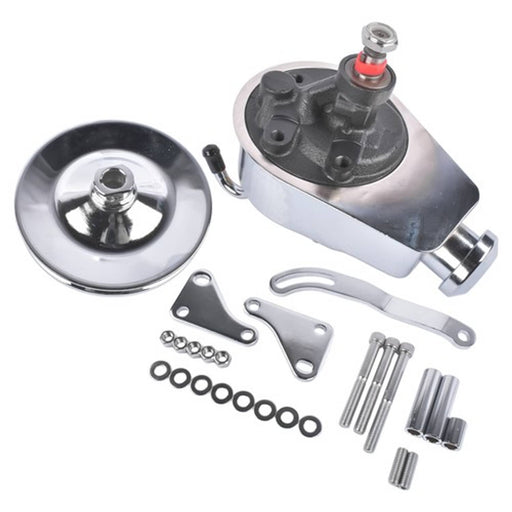 DURAFORCE For Chevy SBC 265 283 Chrome Steel Power Steering Pump With Bracket Kit & Pulley