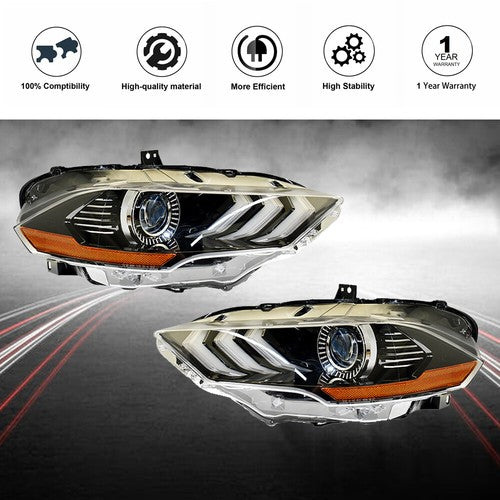 DURAFORCE Black Housing Headlamp Headlight LED DRL LH&RH Pair For Ford Mustang 2018-2020