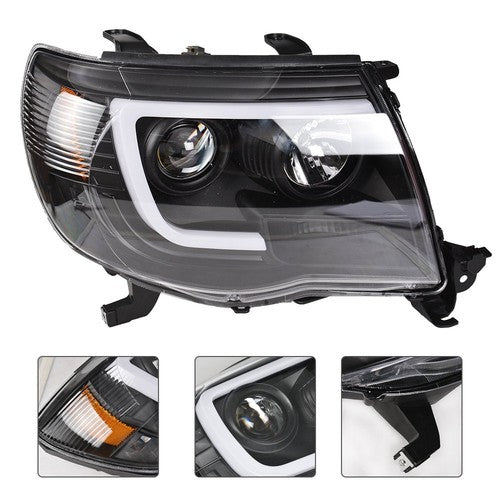 DURAFORCE Halogen Headlights Fit For Toyota Tacoma 2005-2011 LED Tube Black Clear Lens