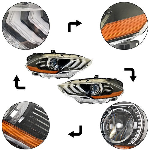 DURAFORCE Black Housing Headlamp Headlight LED DRL LH&RH Pair For Ford Mustang 2018-2020