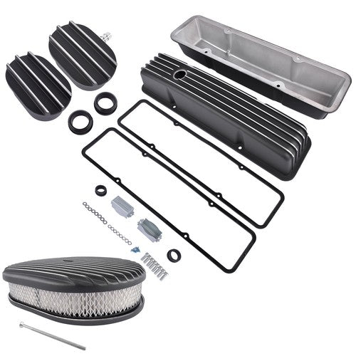 DURAFORCE For Chevy SBC 58-86 Finned Tall Valve Covers & 12" Air Cleaner & Breather Kit