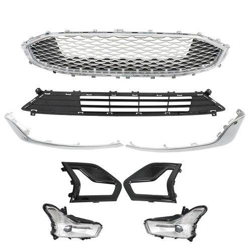 DURAFORCE Front Upper + Lower Grill w/ Fog Lights + Chrome Trim For Ford Fusion 2019-2020