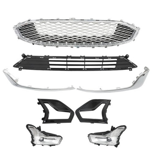 DURAFORCE Front Upper + Lower Grill w/ Fog Lights + Chrome Trim For Ford Fusion 2019-2020
