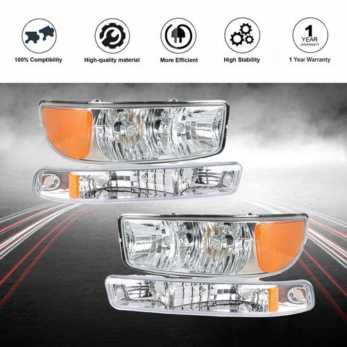 DURAFORCE Fit For GMC Sierra 1500 1999-2007 LH+RH Headlight Replacement Halogen Chrome
