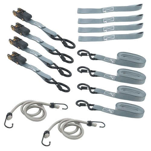 DURAFORCE 4 Pack Ratchet Strap Polyester Gray 2200lbs 1in*15ft S Hook 36' Stretch Cord*2