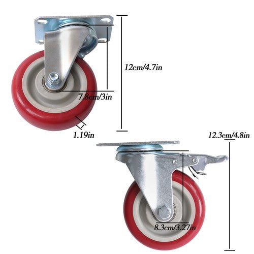 DURAFORCE 4 pcs 4-inch universal casters red (2 with brakes and 2 without brakes)