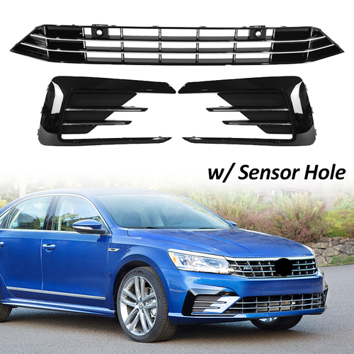 For 2016-2019 VW Passat R-Line Front Lower Grille+Fog Light Covers With Hole