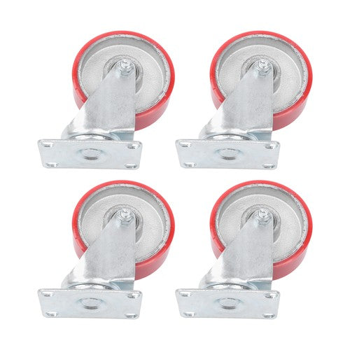 DURAFORCE Four 4-inch red polyurethane galvanized casters with side brakes