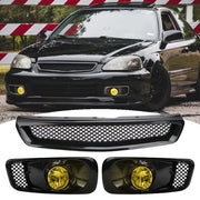 DURAFORCE For 1999-2000 Honda Civic Front Bumper Halogen Fog Lights Lamp&Grille Grill 3PCS