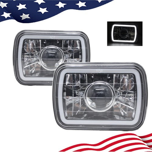 7" Inch 7X6 LED White CCFL Halo Diamond Cut Gray Lens Projector Headlights