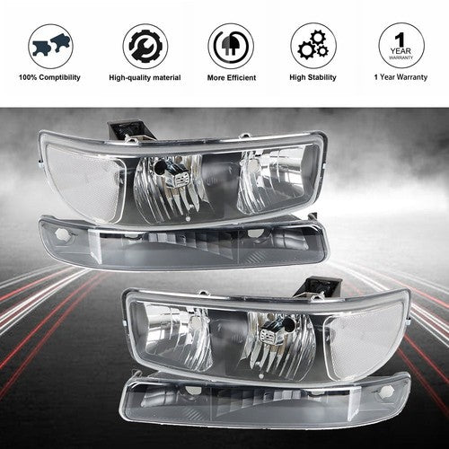 DURAFORCE For GMC Sierra 1500 99-07 & Yukon 00-06 L+R Headlight Replacement Halogen Black