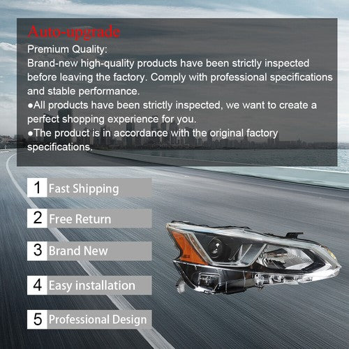 DURAFORCE Right Side Headlight Headlamp Halogen For 2019-2020 Nissan Altima Chrome Housing