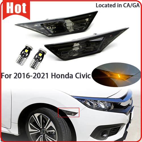 DURAFORCE For 2016-2021 Honda Civic Smoked Side Marker Lamp Turn Signal Light W/LED Bulbs