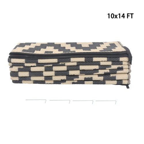 DURAFORCE 10x14 ft Waterproof Outdoor Rug Outdoor Plastic Straw Rug Carpet Black & Beige