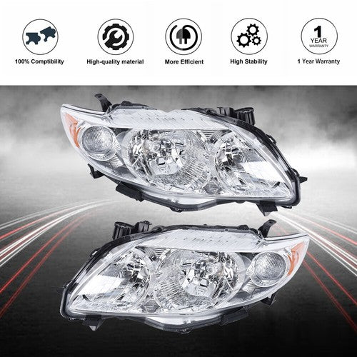 DURAFORCE Pair Set For Toyota Corolla 2009-2010 Headlight Replacement Halogen Clear L+R