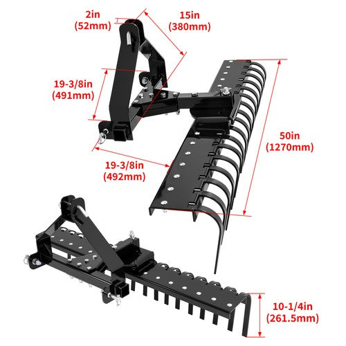 Cat 0 Tractor Hookup 3 Point Landscape Rake 50 Inch Black Grass Comb Garden Tools