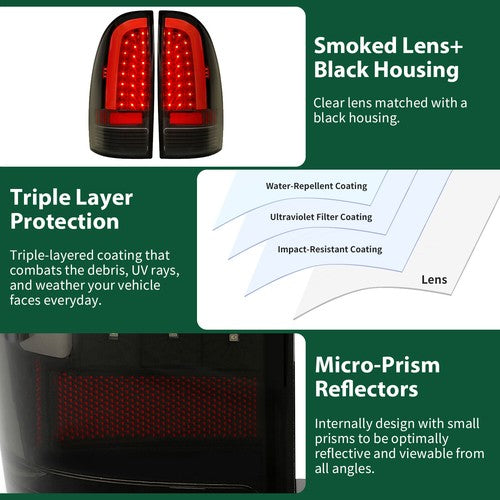 DURAFORCE For Black Smoked 2005-2015 Toyota Tacoma LED Tube Tail Lights Brake Lamps 05-15