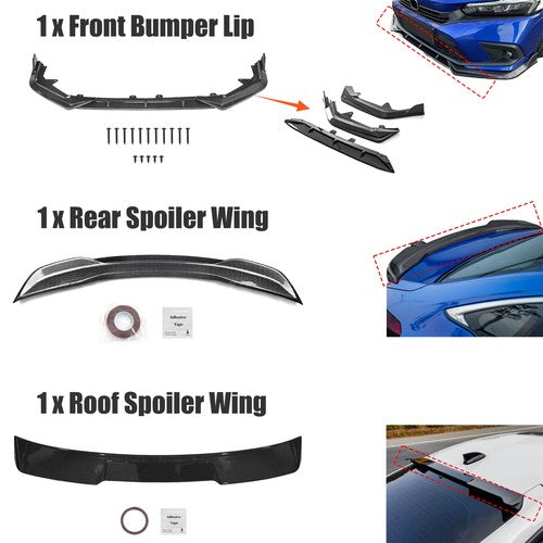 DURAFORCE For 2022-2024 Honda Civic CF Painted Rear Trunk & Roof Spoiler Wing & Front Lip