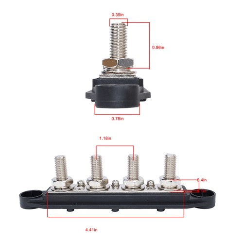DURAFORCE 3/8" / 250A 4 Stud Busbar Bus Bar Power Distribution Terminal Block Red&Black