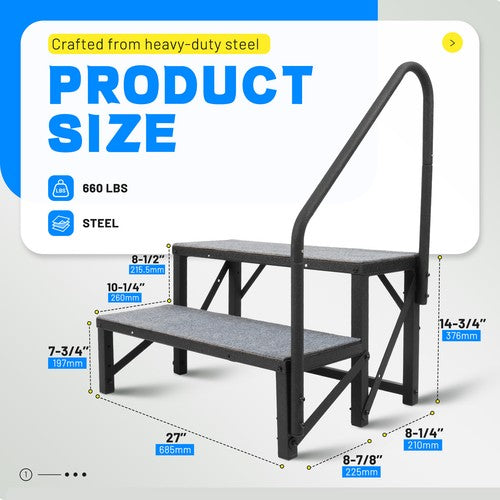 2 Step Ladder RV Step 660 Lbs with Handrail for Trailer Travel Camper Home Stairs