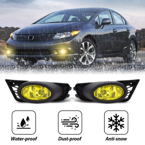 DURAFORCE For 2009 2010 2011 Honda Civic Sedan Fog Lights W/ Wiring & Switch Yellow Lens