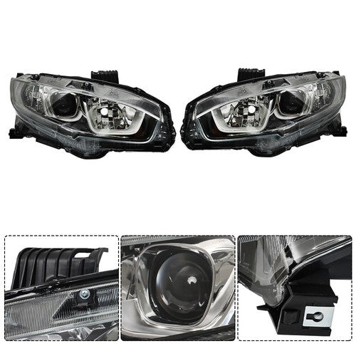 DURAFORCE Headlight Assembly For Honda Civic 2016-2020 Headlamps Left + Right Side Halogen
