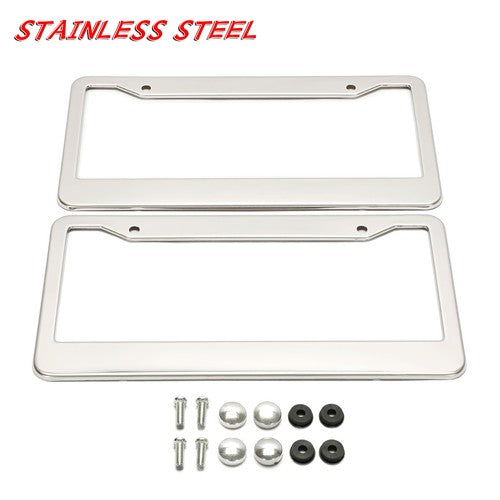 Chrome Stainless Steel Metal License Plate Frame Tag Cover With Screw Caps 2 Pack