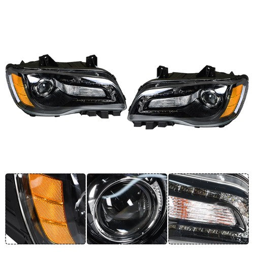 DURAFORCE Pair Headlights Headlamps Halogen Black Clear Lens For Chrysler 300 2011-2014
