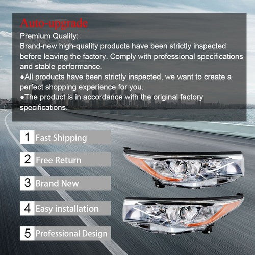 DURAFORCE Front Headlights Headlamps For Toyota Highlander 2014-2016 Left+Right Side Clear