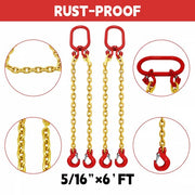 DURAFORCE 2PCS 5/16"x6' G80 Chain Lifting Sling 2 Legs 3T 6600lbs Capacity Grab Hooks