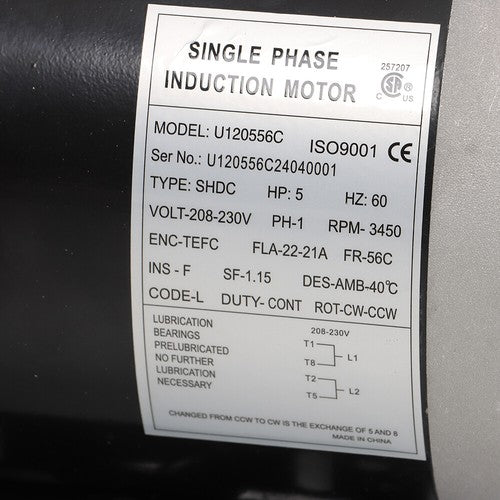 DURAFORCE 5HP Electric Motor 3450RPM 5/8" Shaft Single Phase 208-230V 56C Frame 60HZ TEFC