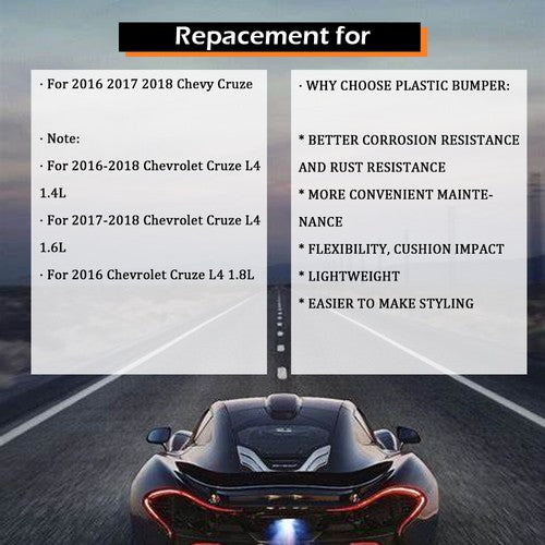 DURAFORCE Front Bumper Cover Fit For 2016-2018 Chevy Cruze w/o Park Assist Black