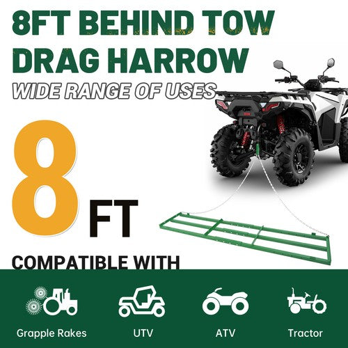DURAFORCE 8Ft Drag Harrow Driveway Grader Landscape Power Rake For ATV UTV Tractor Yard